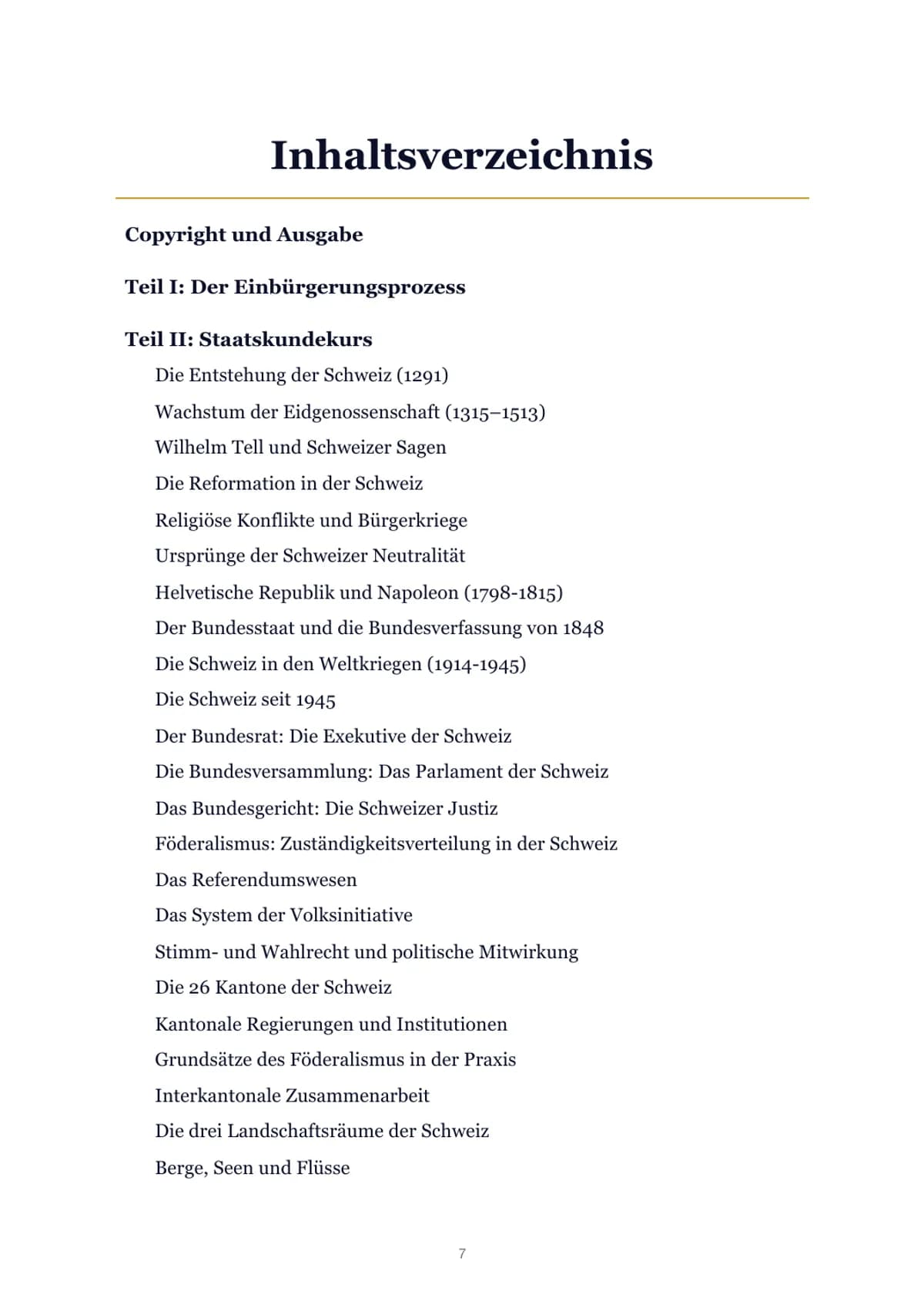 Inhaltsverzeichnis des Einbürgerungstest-Handbuchs 2026 mit den vier Teilen und dem Glossar
