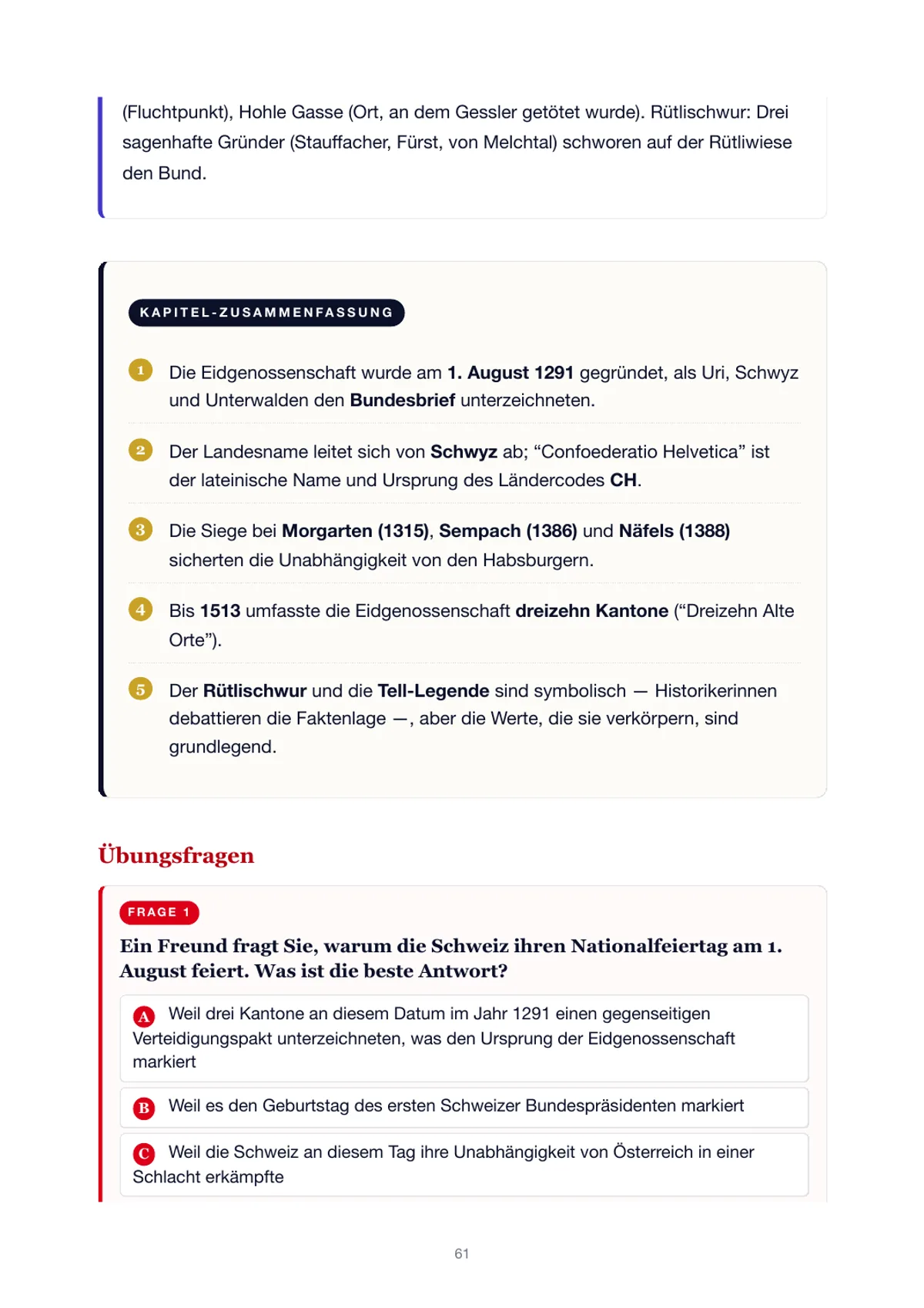 Übungsfrage 1 des Kapiteltests zum 1. August 1291 mit vier Antwortoptionen