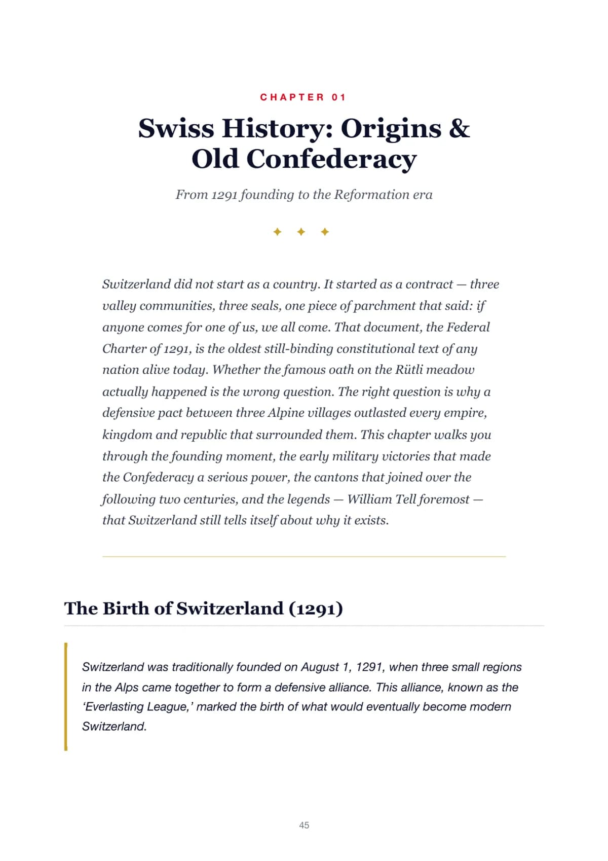Opening page of chapter 1, Swiss history, with the introduction and first lesson