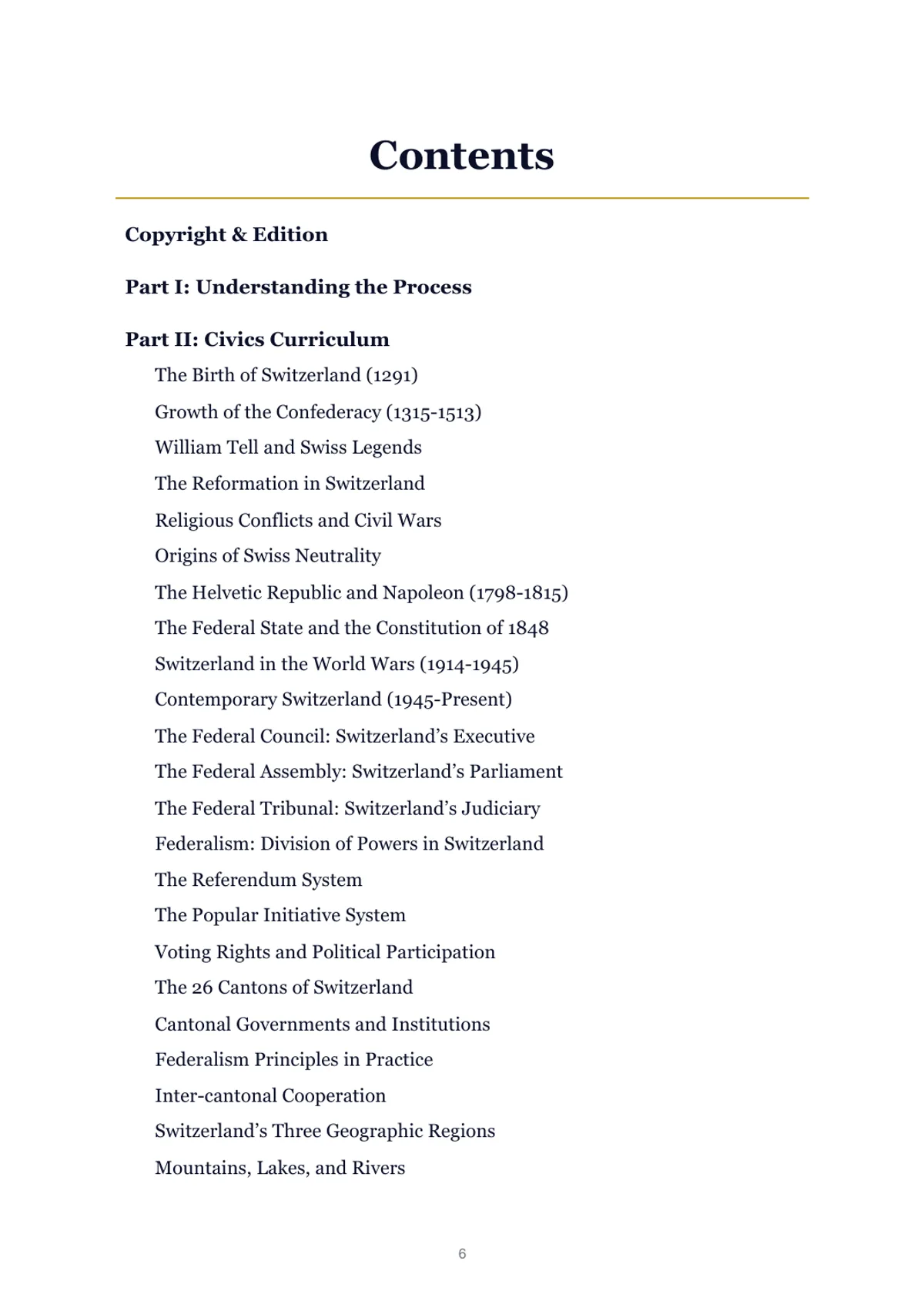 Contents page of the Swiss citizenship test handbook 2026 showing its four parts and the glossary