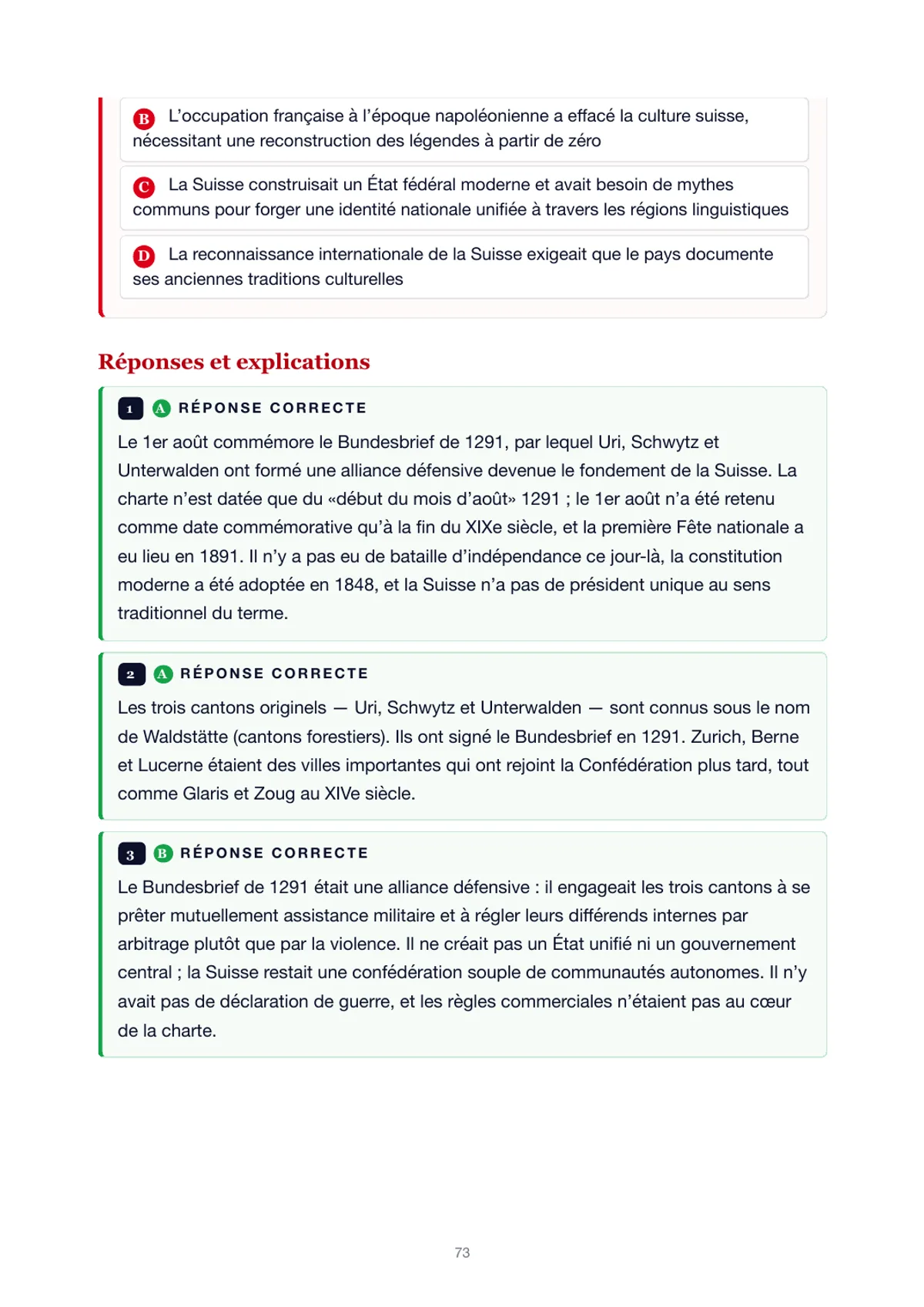 Page de réponses du test de chapitre expliquant pourquoi chaque bonne réponse est juste
