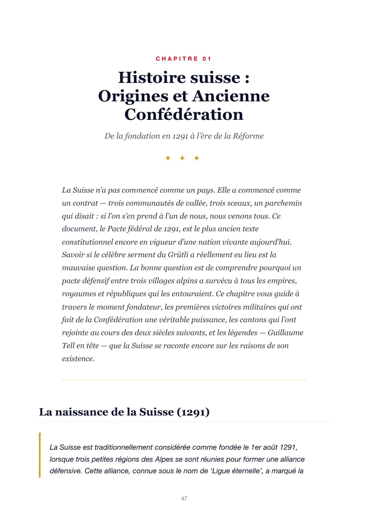 Page d'ouverture du chapitre 1, histoire suisse, avec l'introduction et la première leçon