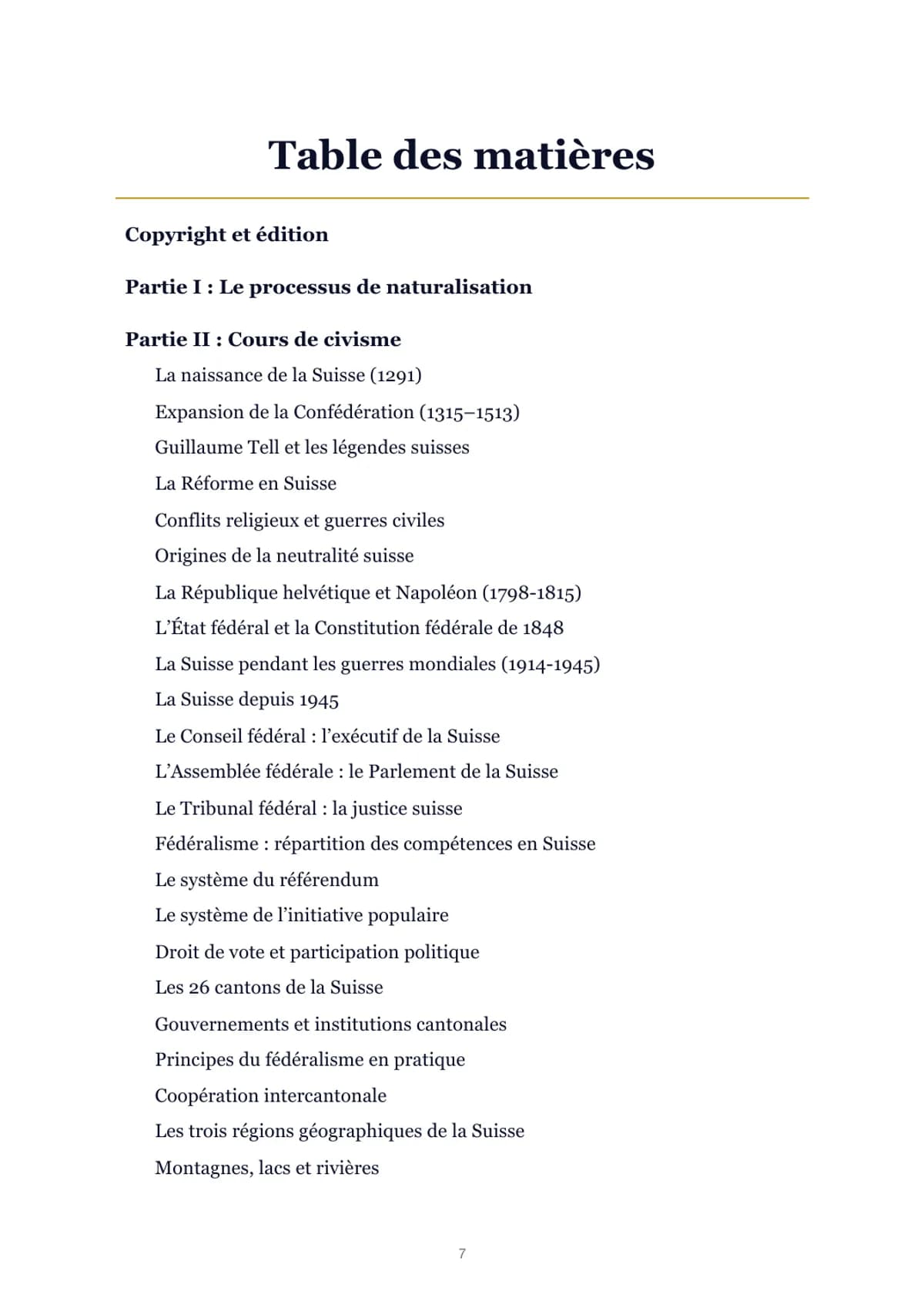 Table des matières du manuel du test de naturalisation suisse 2026 avec ses quatre parties et le glossaire