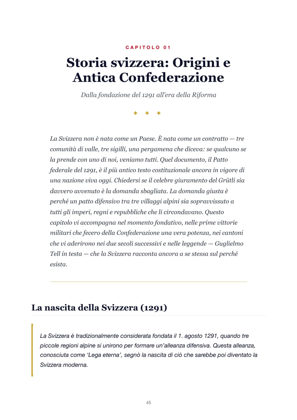 Pagina di apertura del capitolo 1, storia svizzera, con introduzione e prima lezione