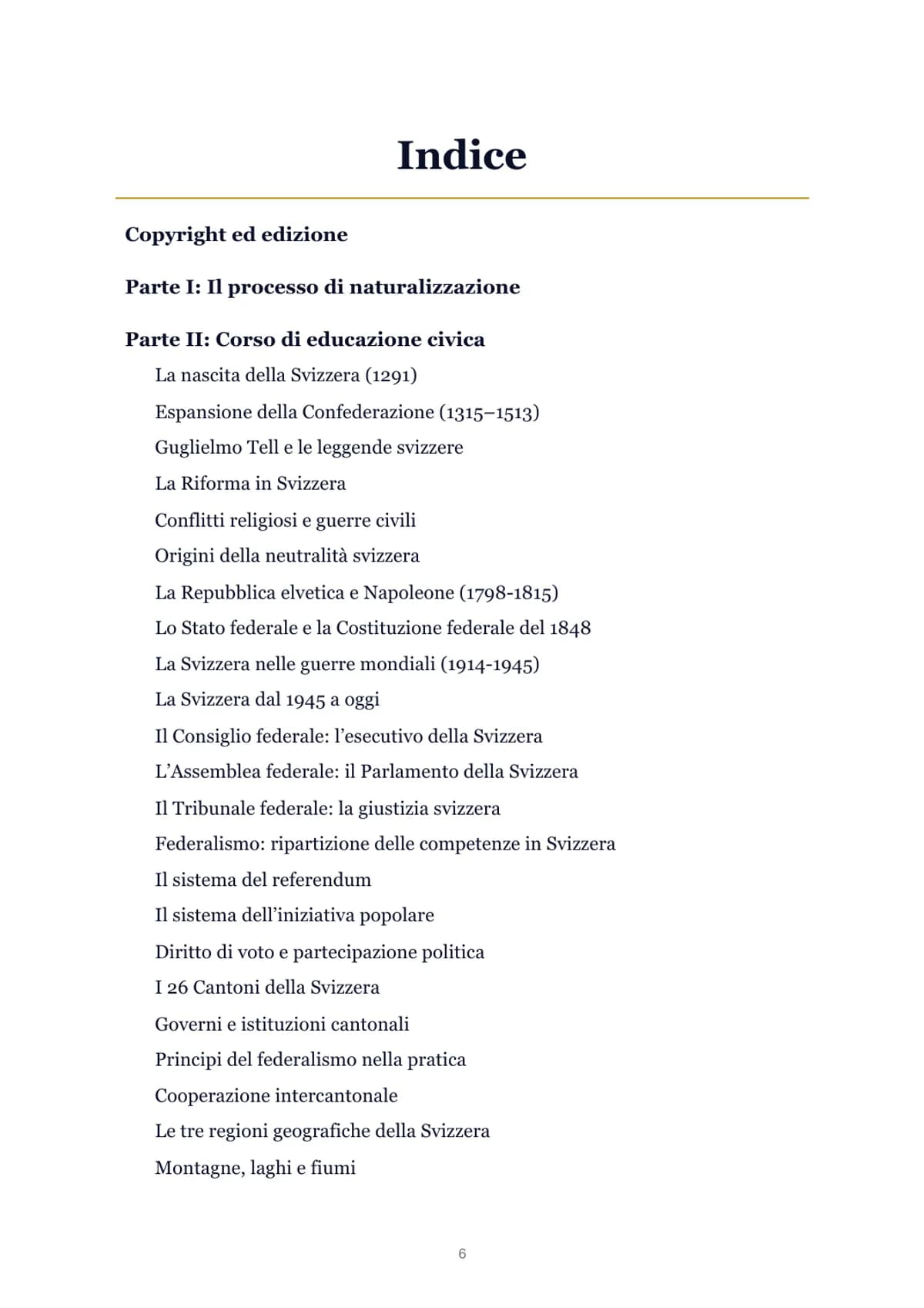 Indice del manuale del test di naturalizzazione svizzera 2026 con le quattro parti e il glossario